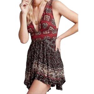Free People Hippie Patterned Plunge Mini Dress Size M